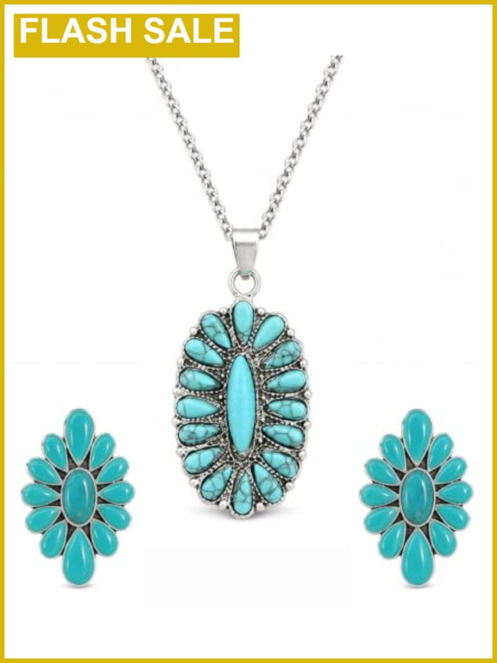 Turquoise Western Necklace Stud Earrings Jewelry Set Silver Plated